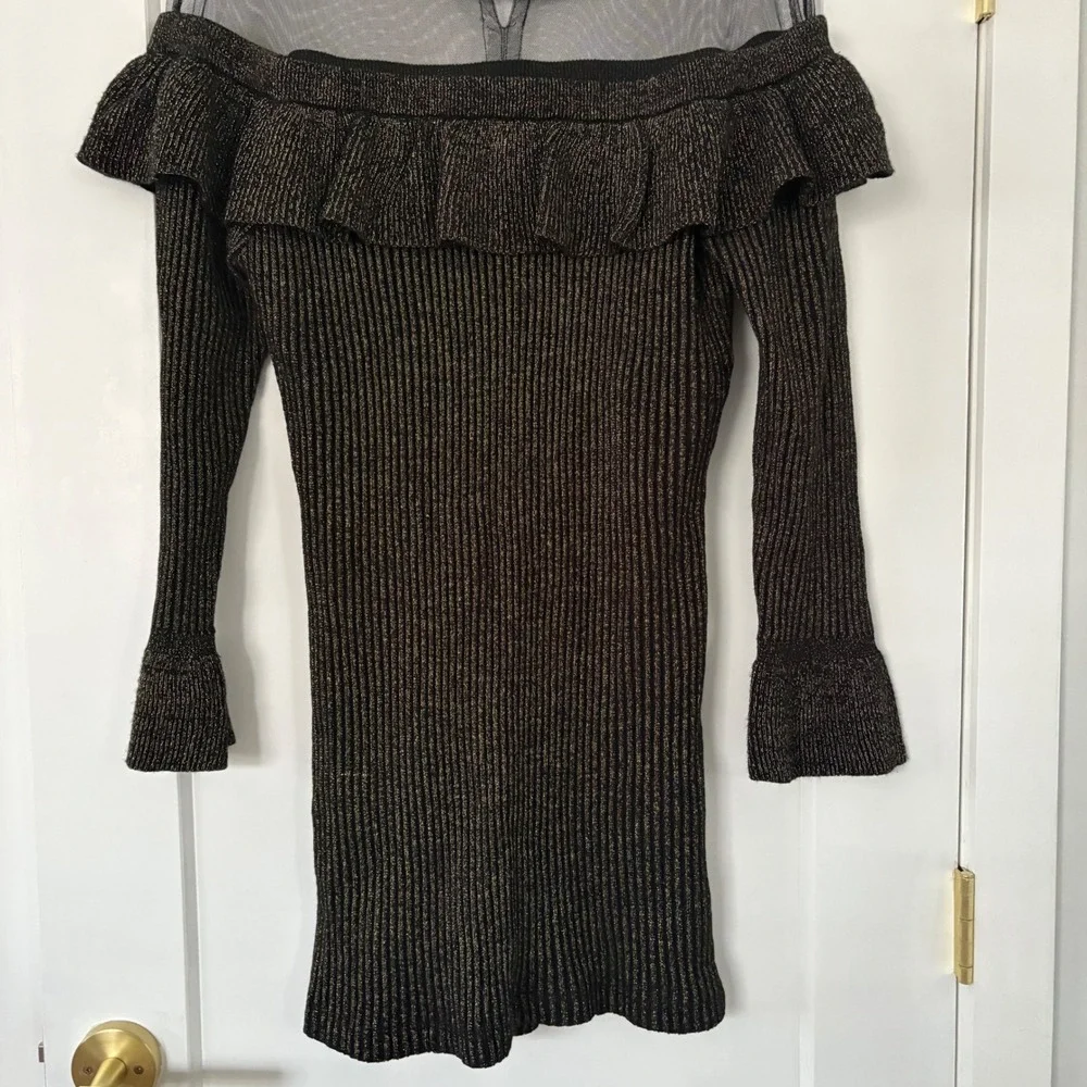 Venus Metallic Gold Ribbed Knit Ruffle Mesh Dress XL Bell Sleeve Mock Neck Party